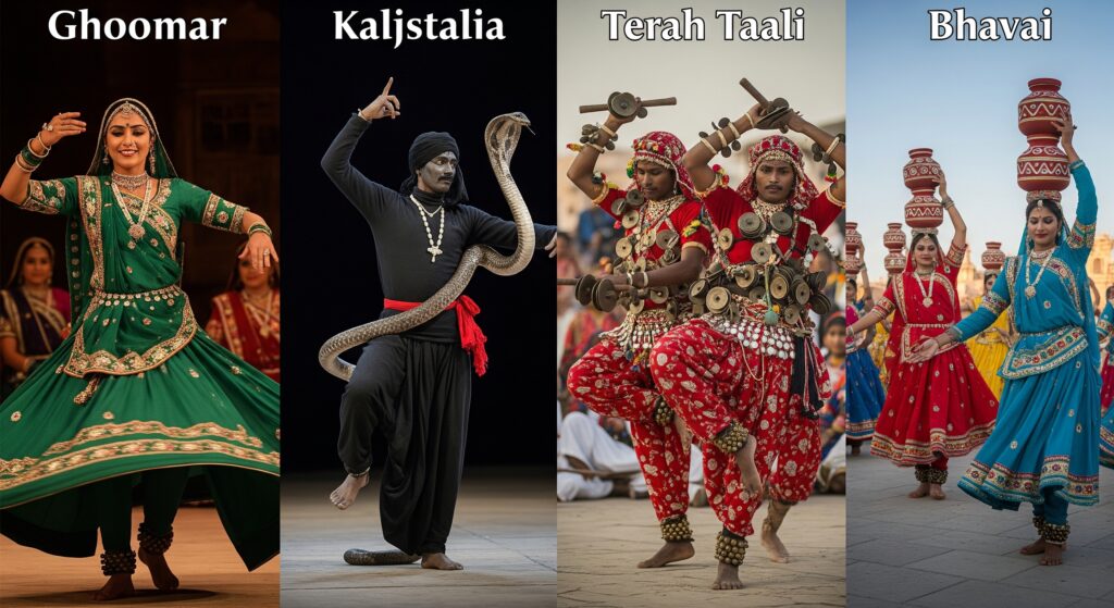 Collage of घूमर , कालबेलिया ,तेरहताली ,भवाई dance of Rajasthan