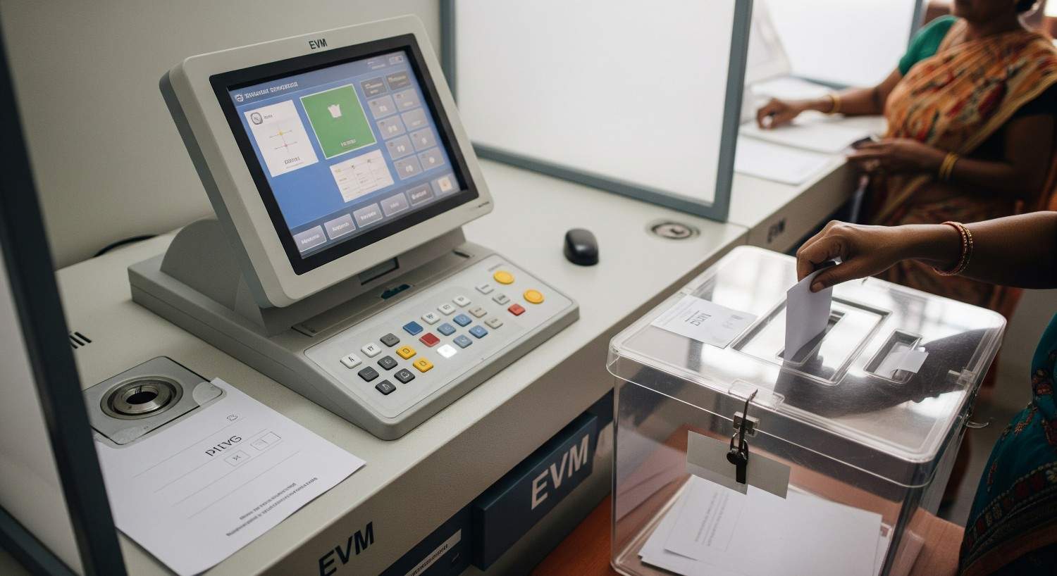 Electronic Voting Machine (EVM) in India with voter casting vote – ईवीएम क्या है हिंदी में