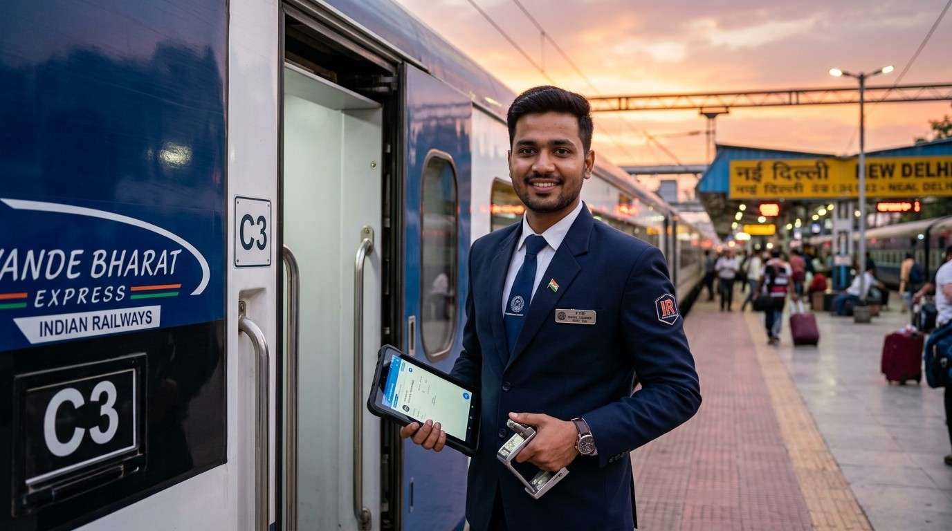 रेलवे TTE की वर्दी में एक मुस्कुराता हुआ युवक, हाथ में टिकट चेकिंग मशीन और बैकग्राउंड में ट्रेन।