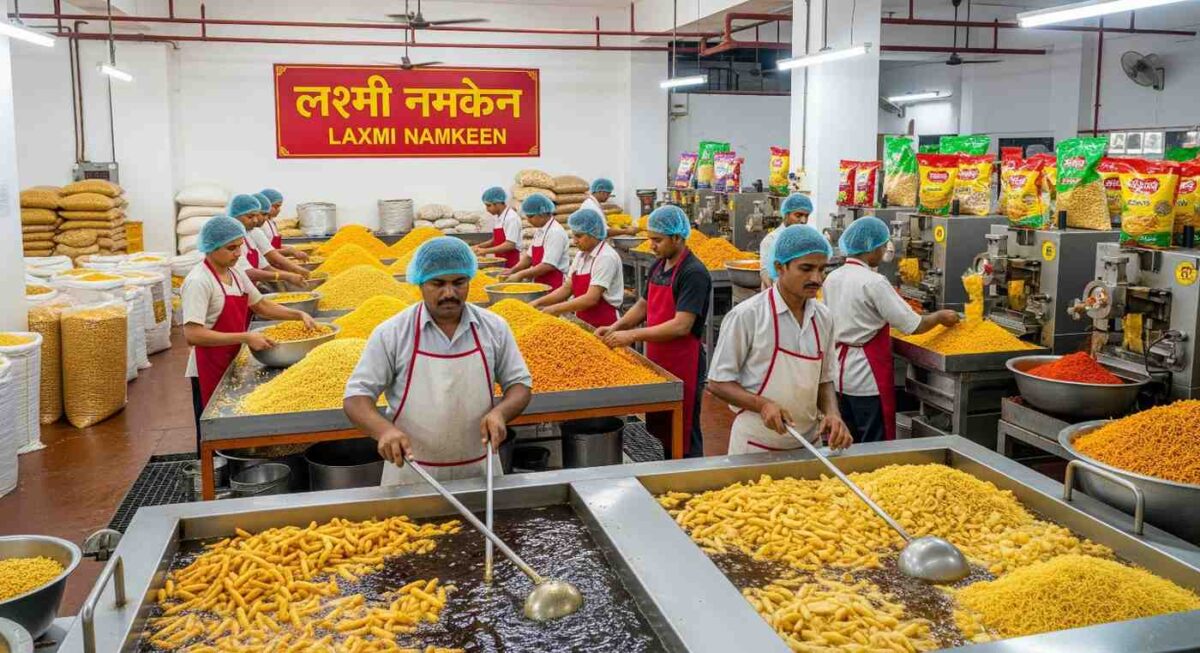 नमकीन बनाने की फैक्ट्री में काम करते मजदूर