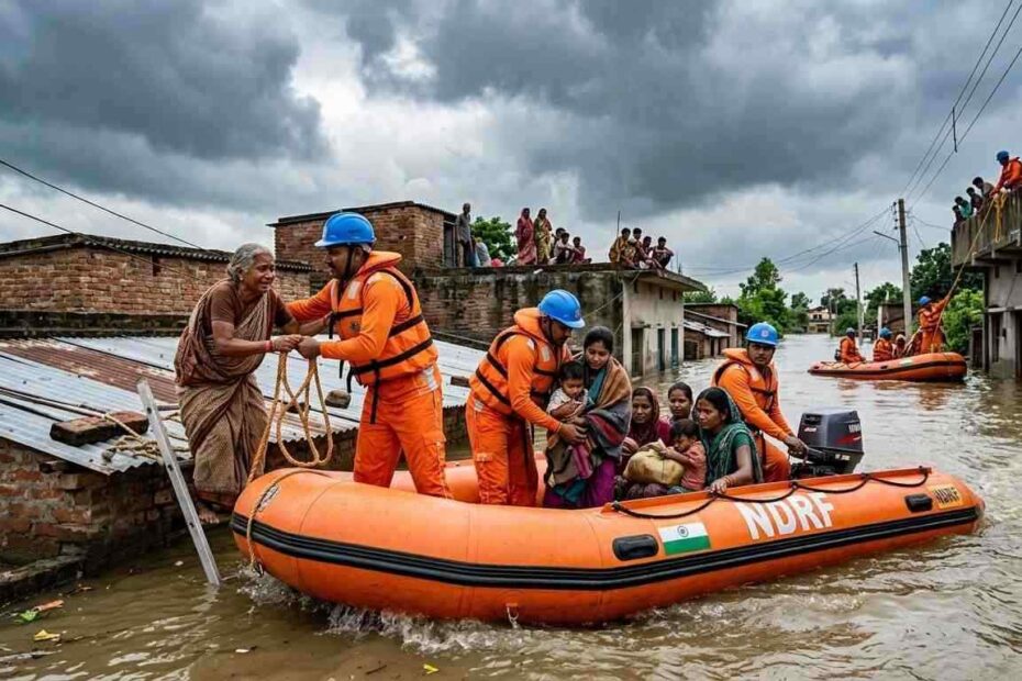 NDRF rescue team saving people during flood disaster in India with boats and emergency operation
