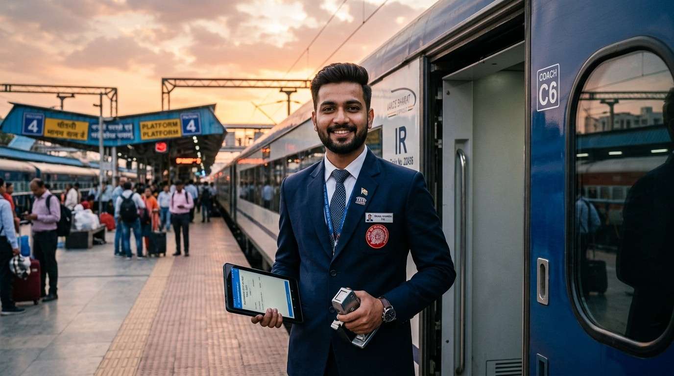 रेलवे TTE की वर्दी में एक मुस्कुराता हुआ युवक, हाथ में टिकट चेकिंग मशीन और बैकग्राउंड में ट्रेन।