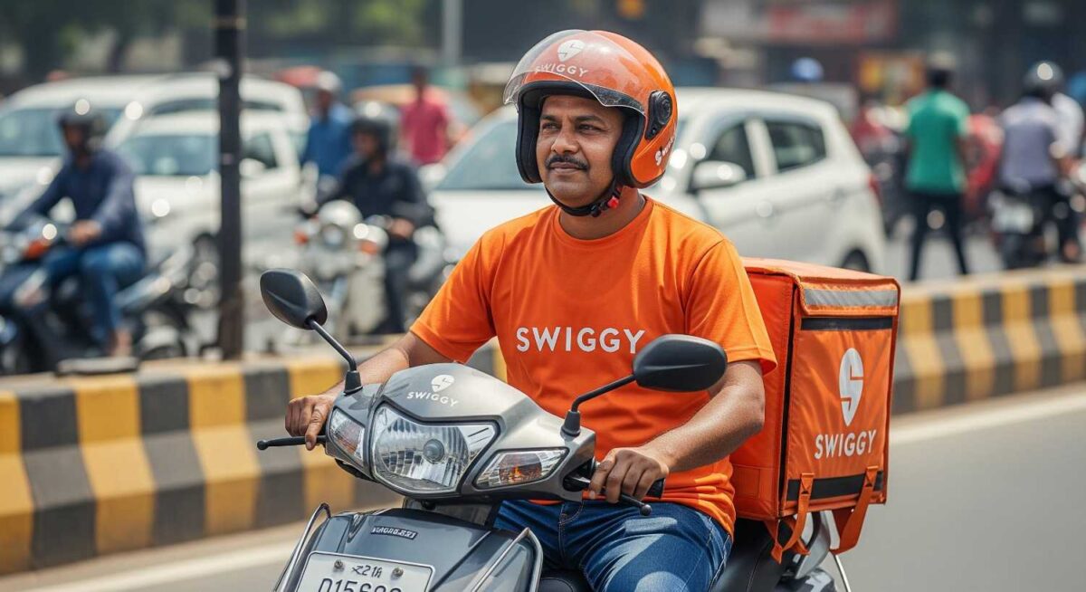 स्विग्गी डिलीवरी पार्टनर स्विगी डिलीवरी बॉय बनने की पूरी जानकारी हिंदी में - बाइक पर खाना डिलीवर करता एक पार्टनर