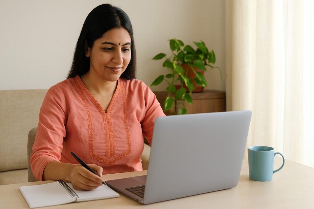 "Indian woman working from home on a laptop in 2025, doing part-time job in a comfortable home setting