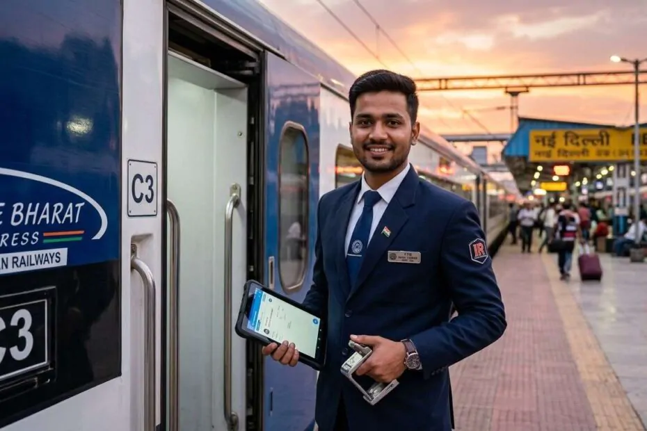 रेलवे TTE की वर्दी में एक मुस्कुराता हुआ युवक, हाथ में टिकट चेकिंग मशीन और बैकग्राउंड में ट्रेन।